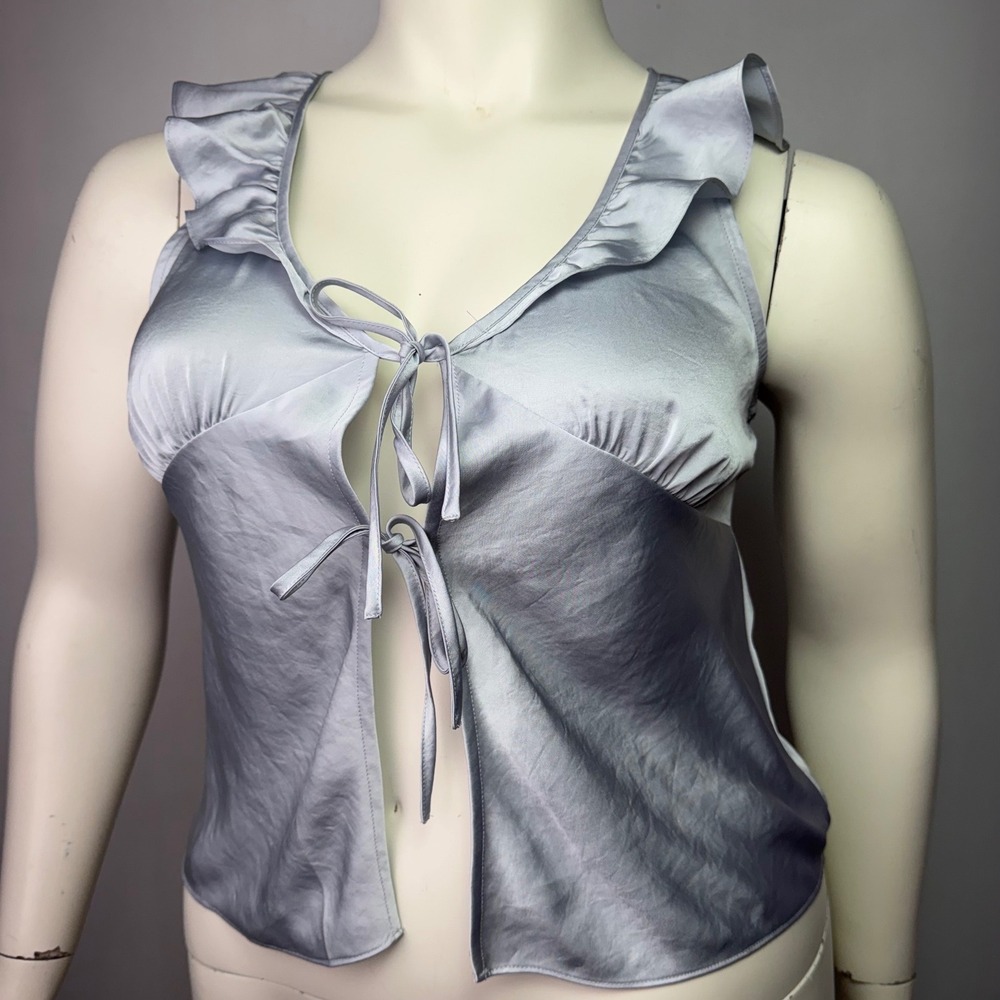 Wilfred Satin Tie Front Ruffle Vest Top Light Blue Coquette Balletcore Blouse L